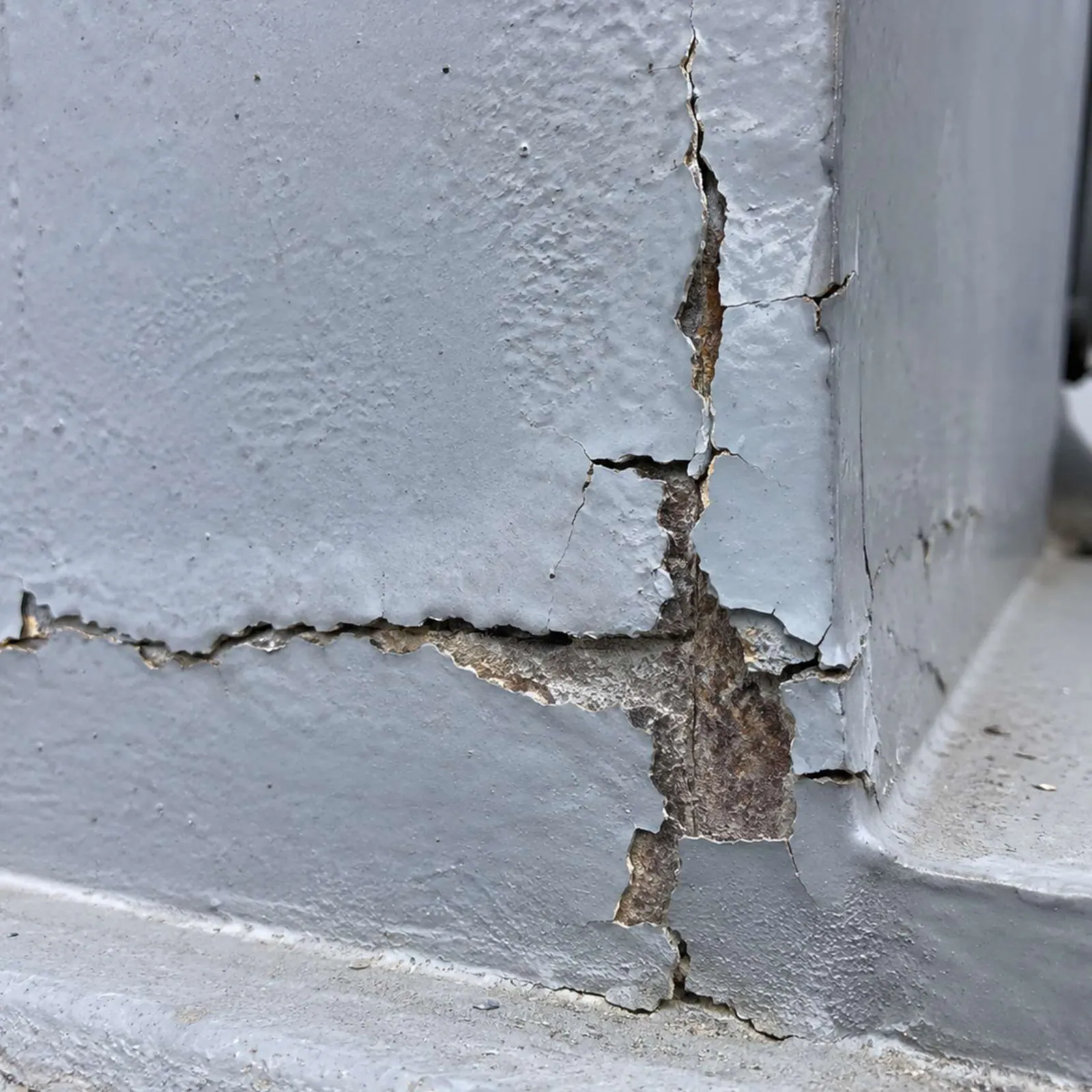 Cracked and delaminating coating on a steel surface