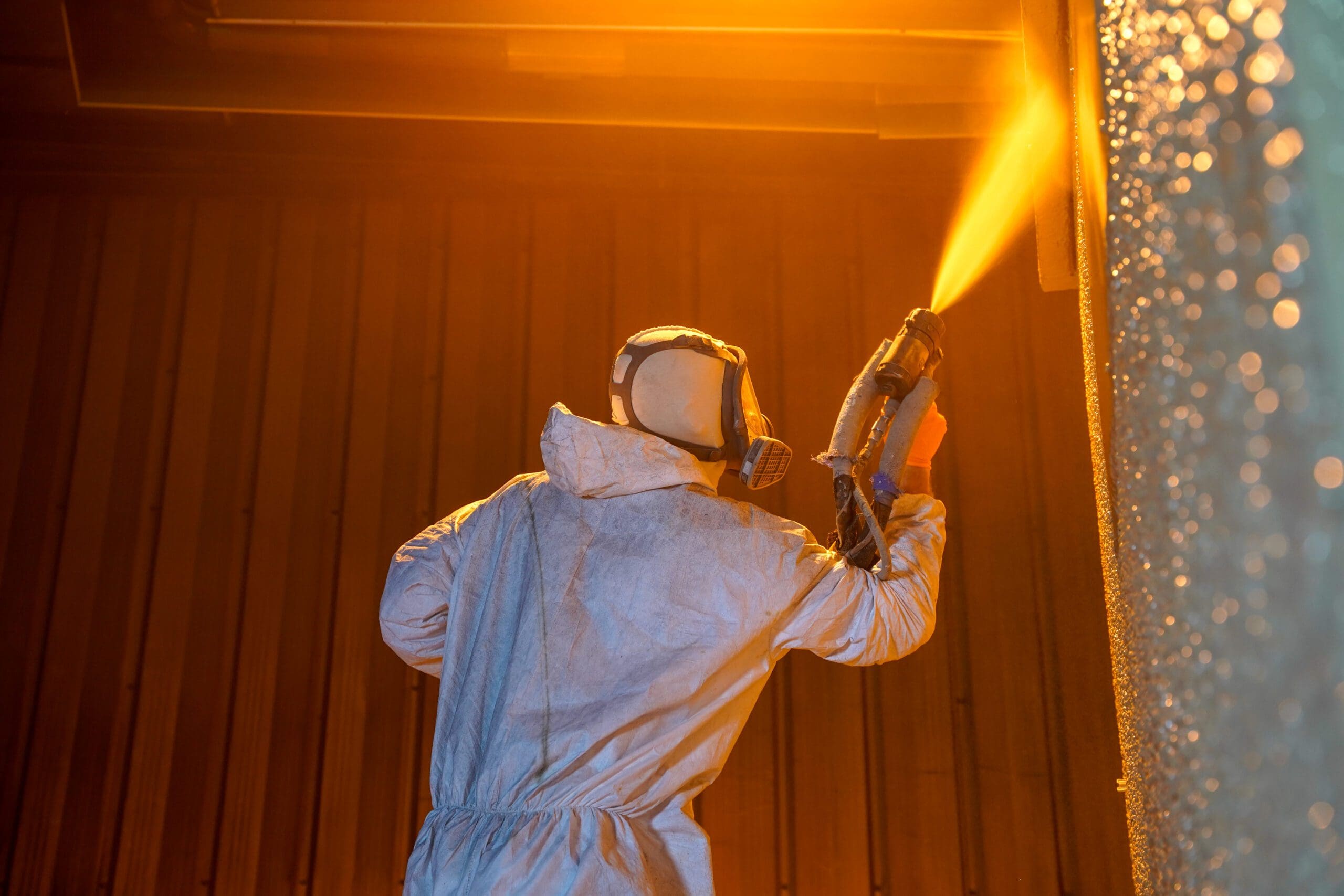 technician applying polyurea to shipping container